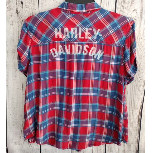 Harley Davidson Red White Blue Plaid Patch/Embroidered Short Slv ButtonUp Top 2X - Picture 6 of 12